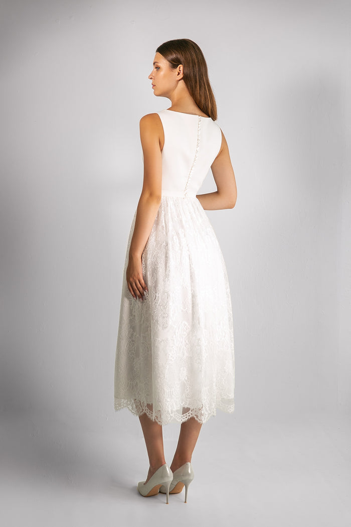 Modest Satin Midi Dress Lynn WIth Lace Skirt