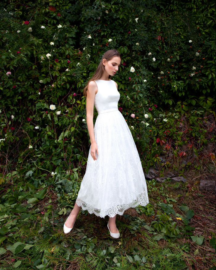Modest Satin Midi Dress Lynn WIth Lace Skirt