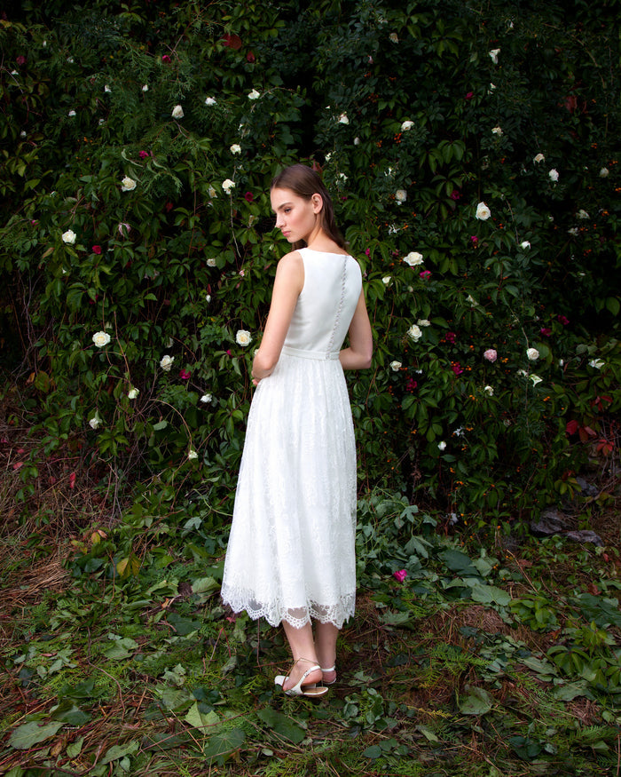 Modest Satin Midi Dress Lynn WIth Lace Skirt