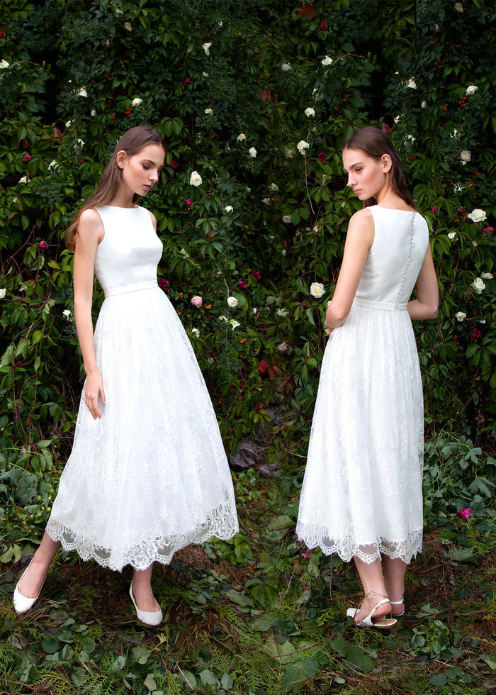 Modest Satin Midi Dress Lynn WIth Lace Skirt