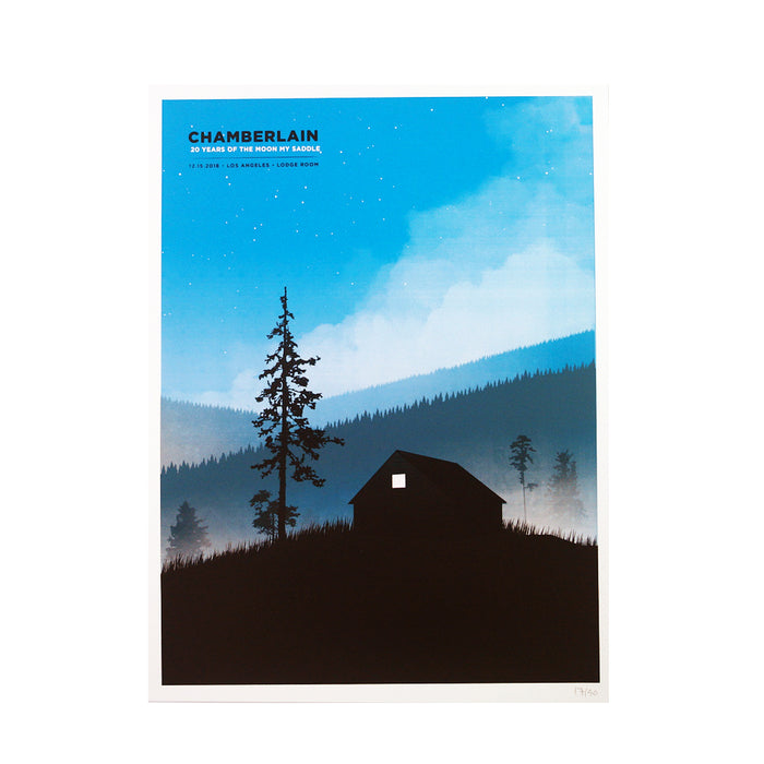 A minimalist 18 x 24 Chamberlain poster features a dark cabin and pine trees on a hill at night with blue gradients, mountains, and clouds. Text reads: 20 Years of the Moon My Saddle. Safely shipped in a poster tube.