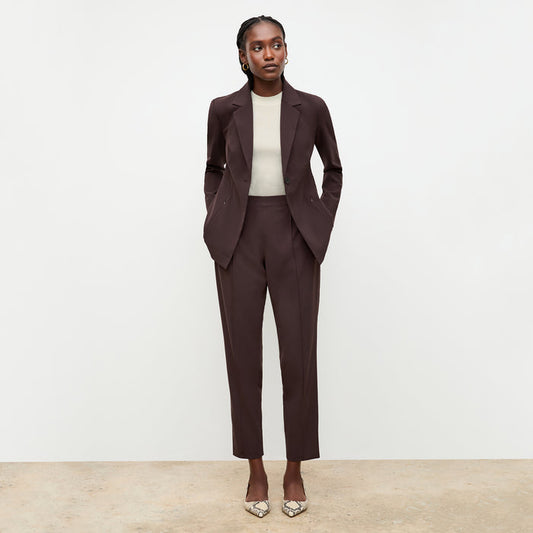 front image of a woman wearing the moreland jacket in wine | Lead