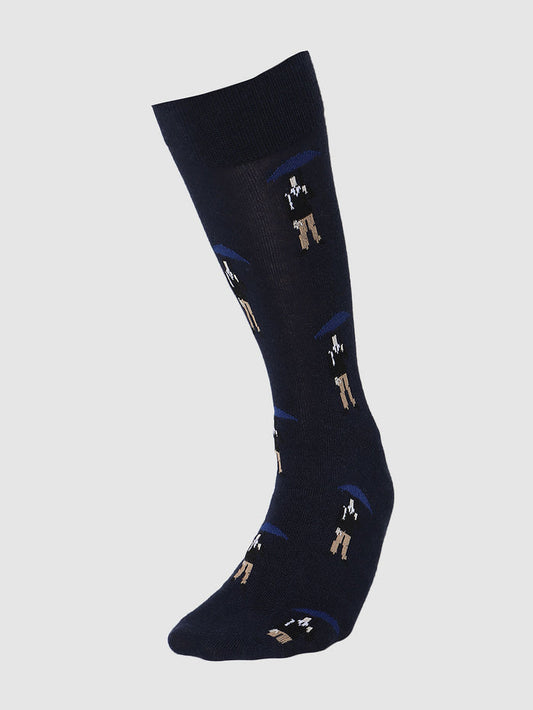 Navy Blue Graphic Print Mid Calf Length Socks