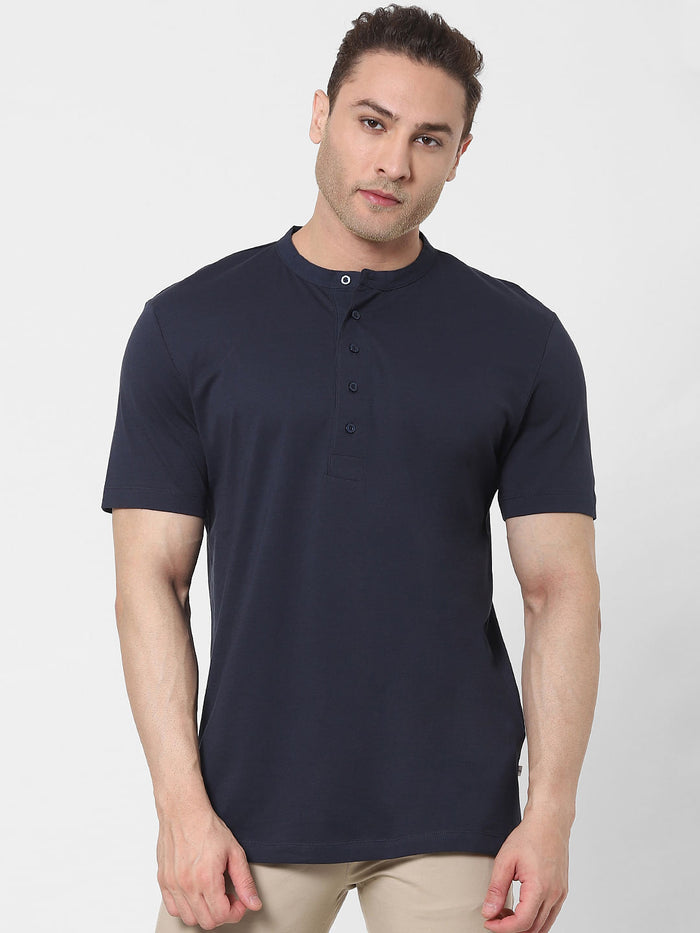 Navy Blue Organic Cotton Polo Neck T-Shirt
