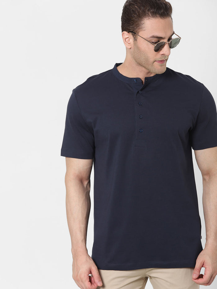 Navy Blue Organic Cotton Polo Neck T-Shirt