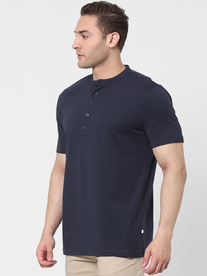 Navy Blue Organic Cotton Polo Neck T-Shirt