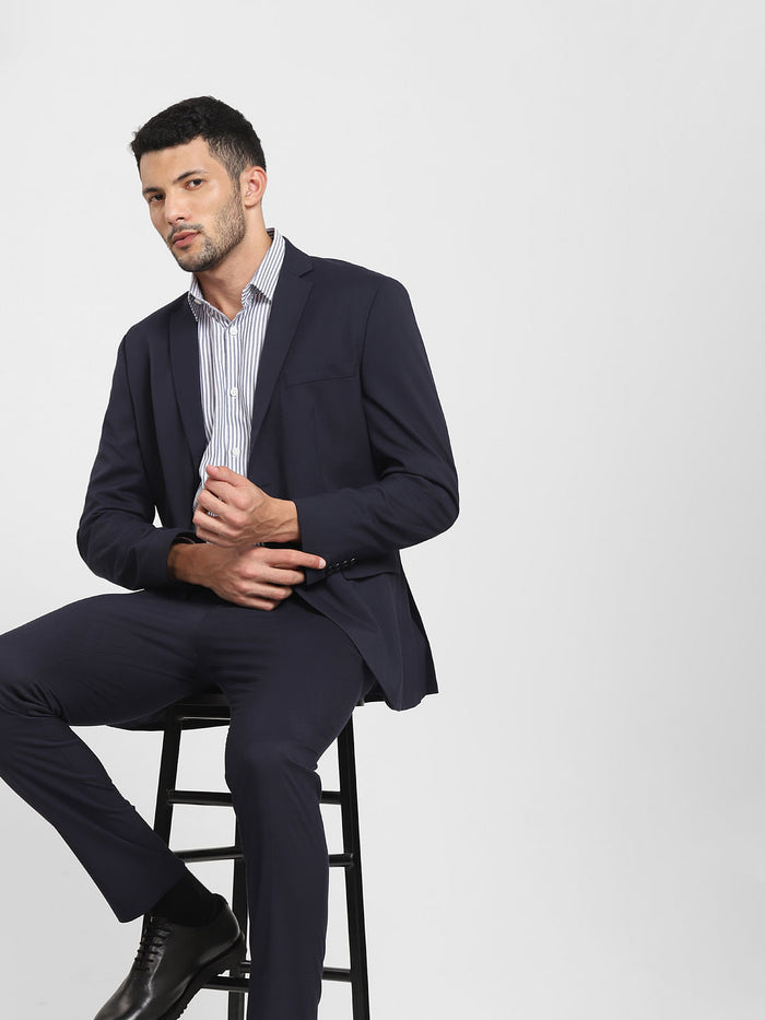 Navy Blue Striped Formal Full Sleeves Shirt