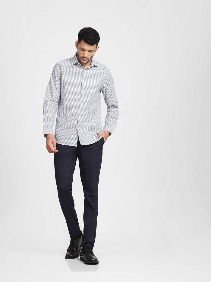 Navy Blue Striped Formal Full Sleeves Shirt