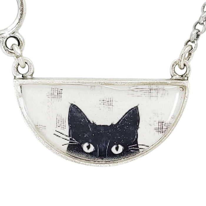 Necklace - Peeking Black Cat Resin Half-Round (Antiqued Silver) by Christine Stoll |Altered Relics