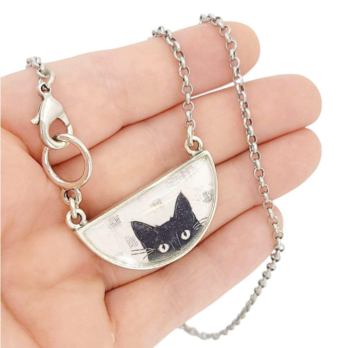 Necklace - Peeking Black Cat Resin Half-Round (Antiqued Silver) by Christine Stoll |Altered Relics