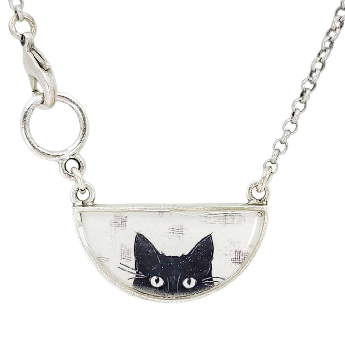 Necklace - Peeking Black Cat Resin Half-Round (Antiqued Silver) by Christine Stoll |Altered Relics