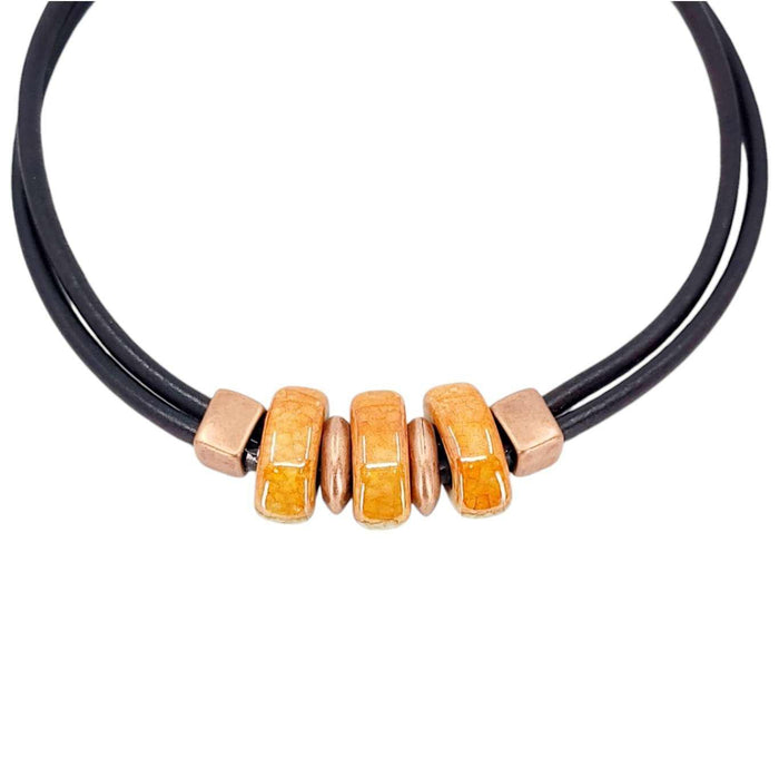 Necklace - Reversible - Midnight Sun (Black Leather, Copper, Ceramic) by Diana Kauffman Designs