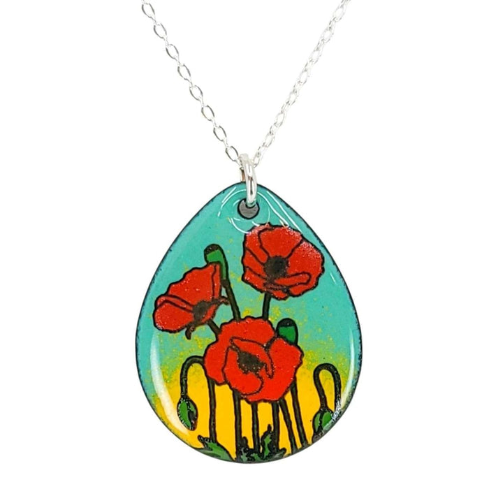 Necklace - Teardrop Pendant (Poppies on Turquoise Yellow) by Magpie Mouse Studios