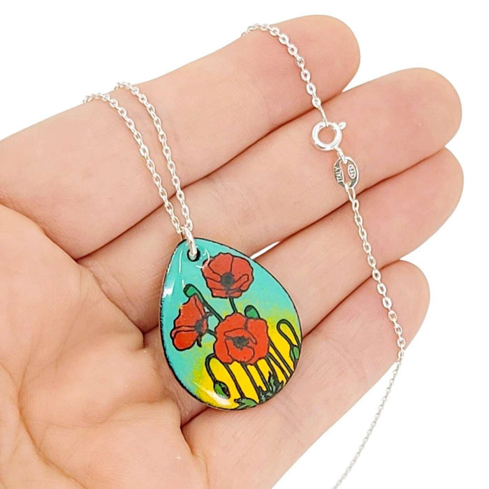 Necklace - Teardrop Pendant (Poppies on Turquoise Yellow) by Magpie Mouse Studios