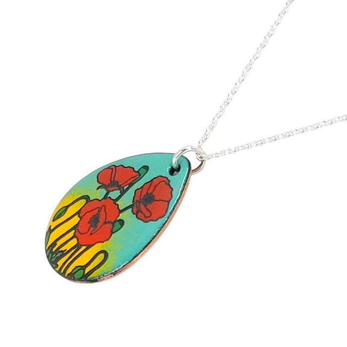 Necklace - Teardrop Pendant (Poppies on Turquoise Yellow) by Magpie Mouse Studios