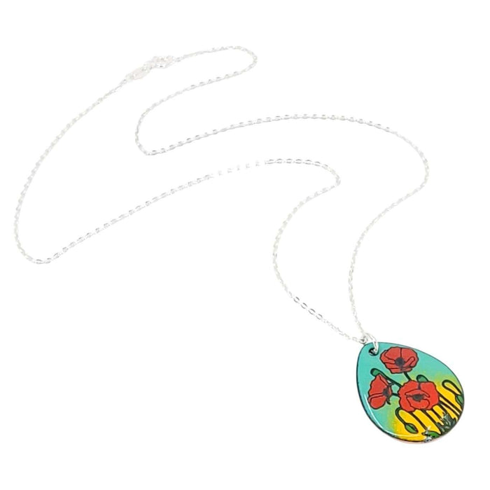 Necklace - Teardrop Pendant (Poppies on Turquoise Yellow) by Magpie Mouse Studios