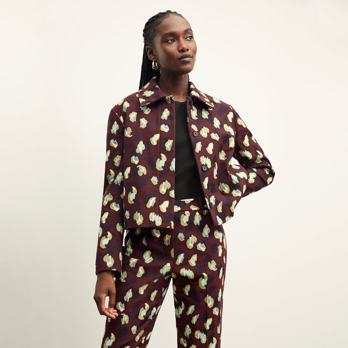 front image of a woman wearing the nicky jacket in bengal jacquard