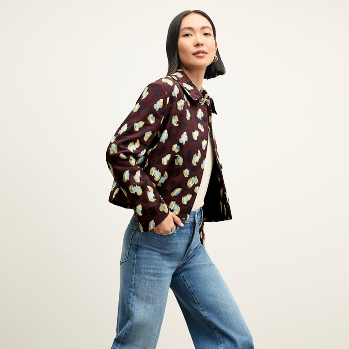 side image of a woman wearing the nicky jacket in bengal jacquard