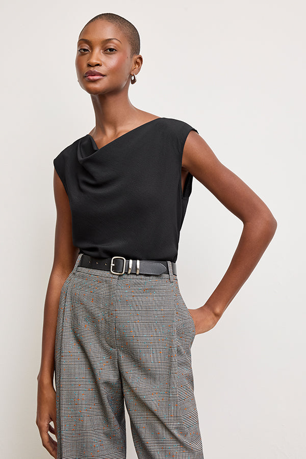 Front image of a woman wearing the Nora Top in Black | Grid | Exclude