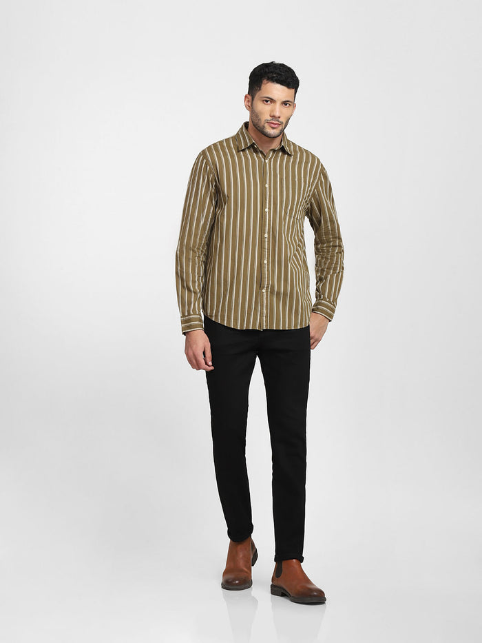 Olive Striped Full Sleeves Shirt