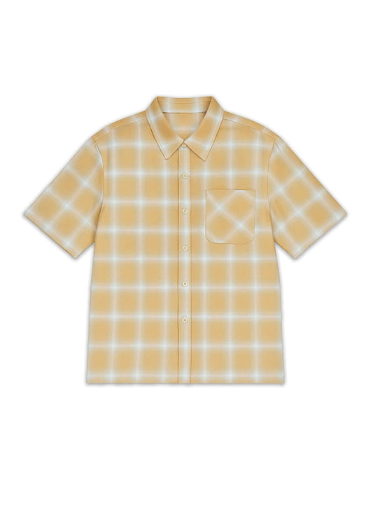 Ombre plaid shirt in yellow featuring a soft gradient pattern with a button-down collar and chest pocket.