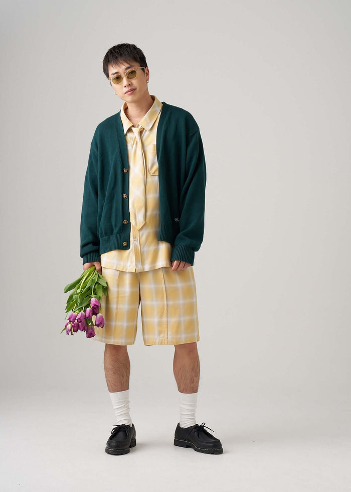 Model wearing ombre plaid shorts in yellow with green cardigan and holding tulips, styled for a relaxed summer look.