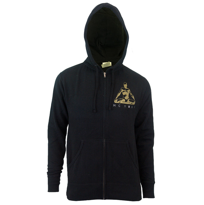 The MC YOGI black zip-up hoodie features front pockets, a hood, and a gold outline graphic of a meditating figure with MC YOGI on the upper left chest.