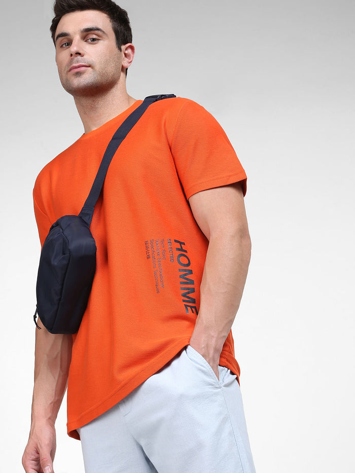 Orange Logo Print Crew Neck T-Shirt