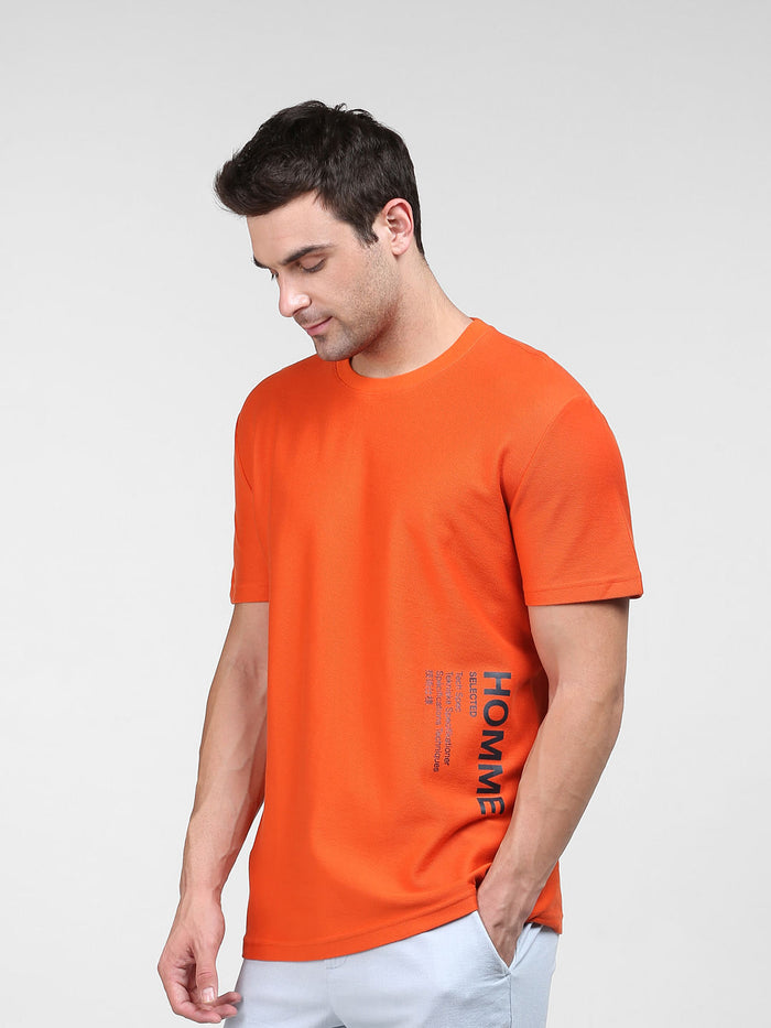 Orange Logo Print Crew Neck T-Shirt