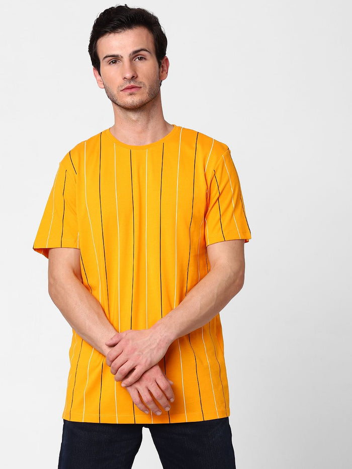 Orange Organic Cotton Striped Crew Neck T-Shirt