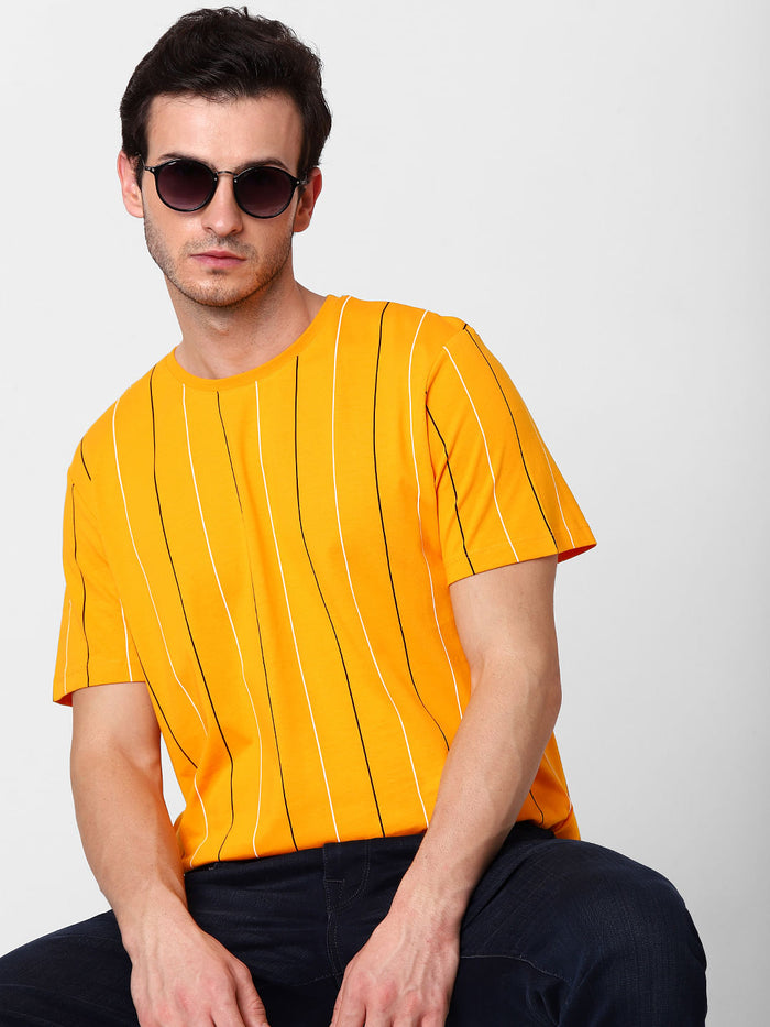 Orange Organic Cotton Striped Crew Neck T-Shirt