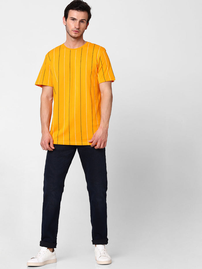 Orange Organic Cotton Striped Crew Neck T-Shirt