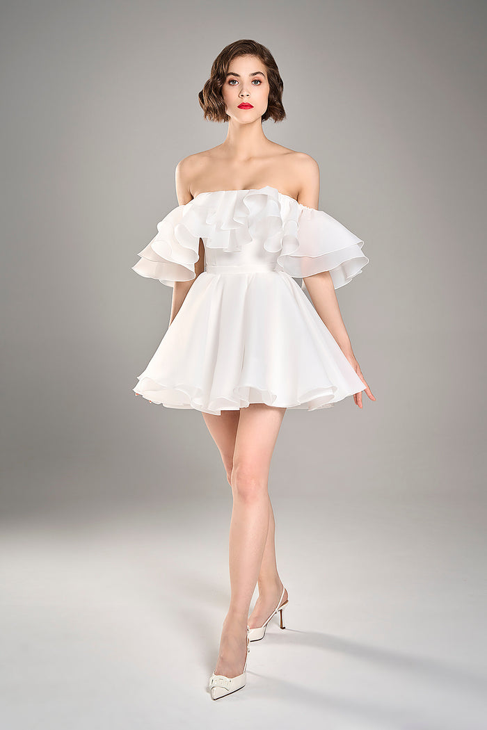 Organza Short White Wedding Dress Peony | Coset Off-Shoulder Bachelorette Dress