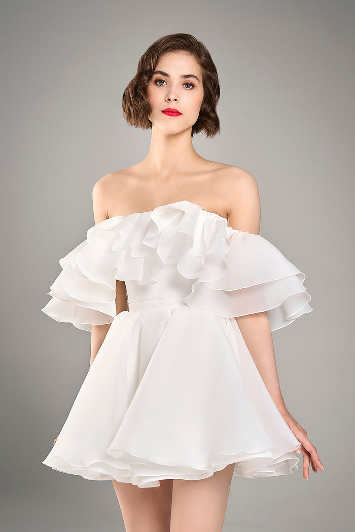 Organza Short White Wedding Dress Peony | Coset Off-Shoulder Bachelorette Dress