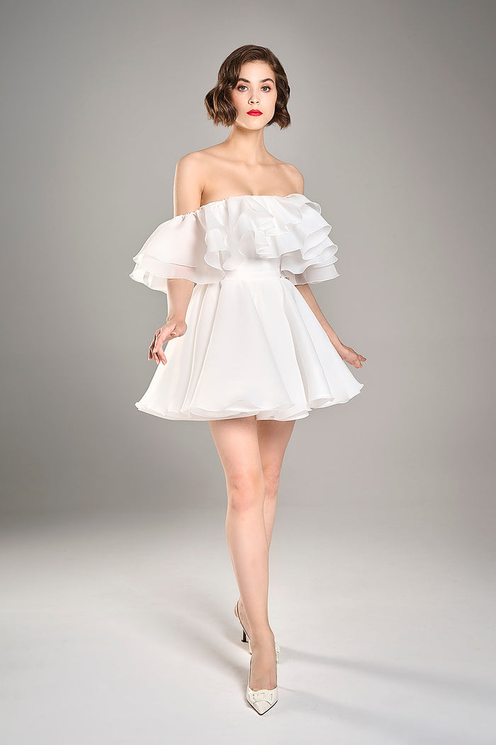 Organza Short White Wedding Dress Peony | Coset Off-Shoulder Bachelorette Dress