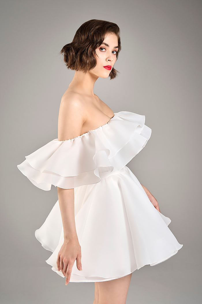 Organza Short White Wedding Dress Peony | Coset Off-Shoulder Bachelorette Dress