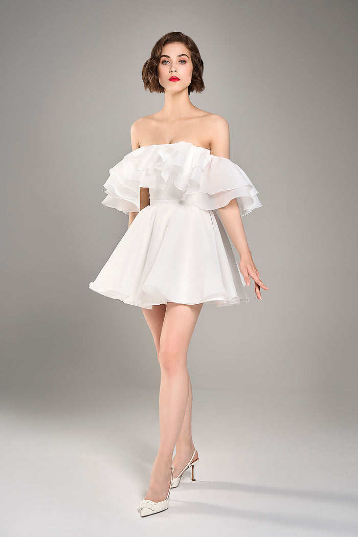 Organza Short White Wedding Dress Peony | Coset Off-Shoulder Bachelorette Dress