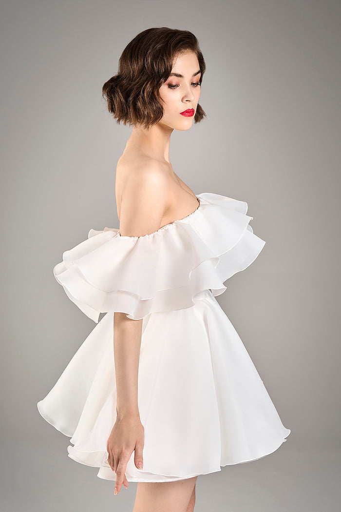 Organza Short White Wedding Dress Peony | Coset Off-Shoulder Bachelorette Dress