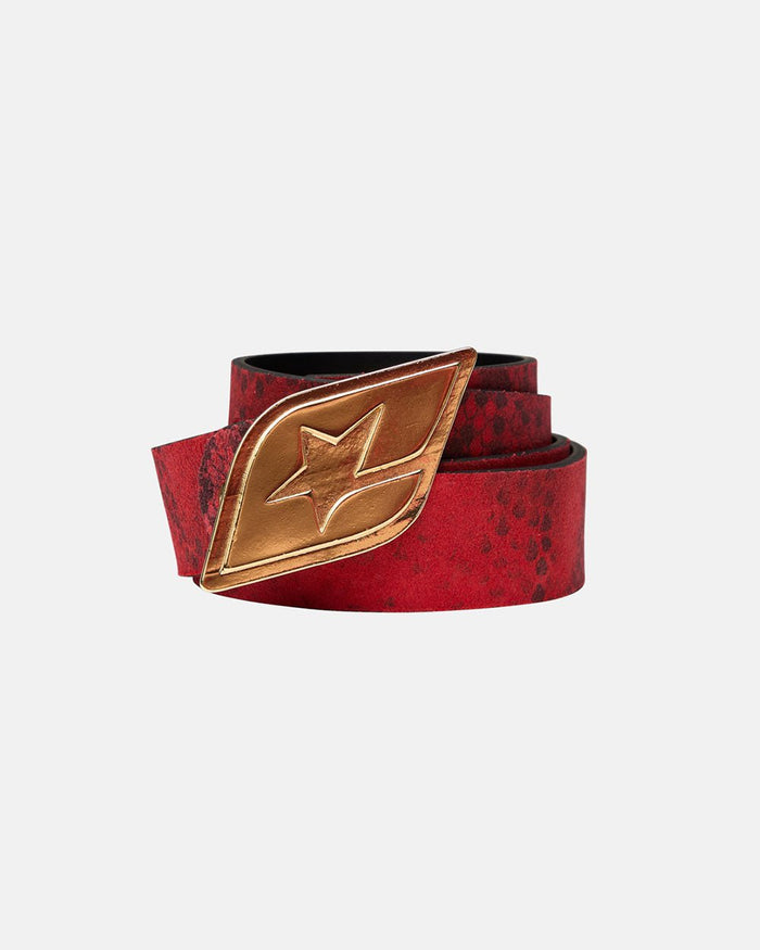 ORIGINAL LEATHER BELT RED SNAKE - red snake print leather belt, front view - Cold Culture