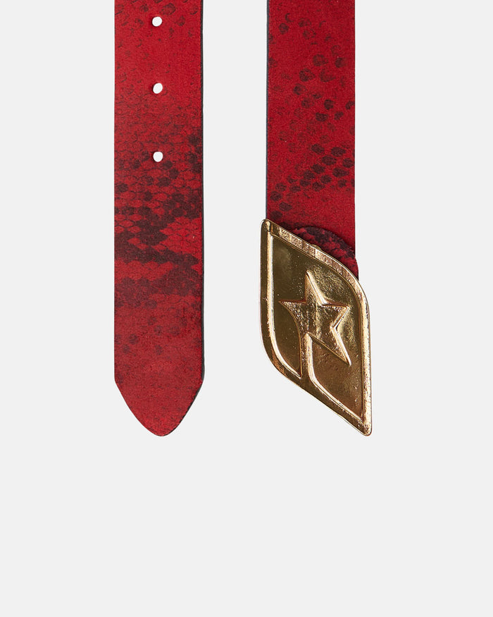 ORIGINAL LEATHER BELT RED SNAKE - red snake print leather belt, detail close-up - Cold Culture