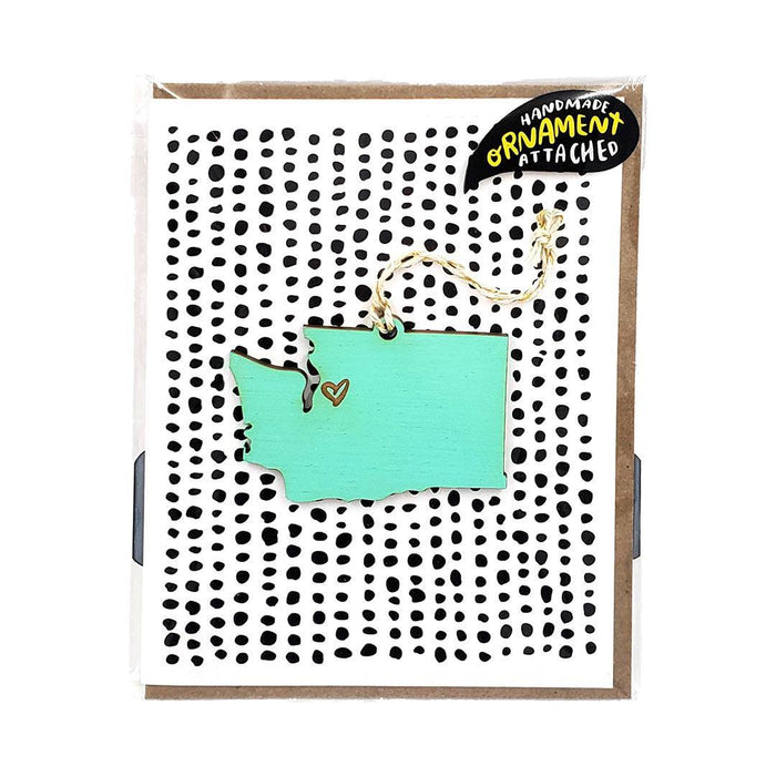 Ornament Card - WA State - Drawn Heart Over Seattle (Aqua Blue) by SnowMade