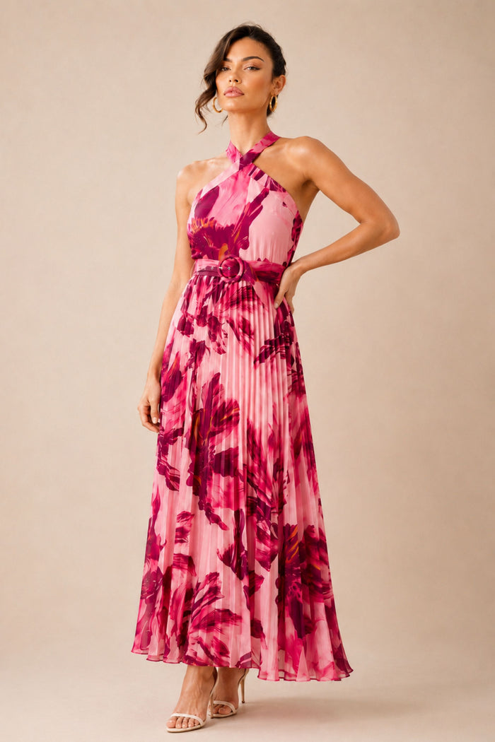 Paige Pleat Dress in Floral Pink Print