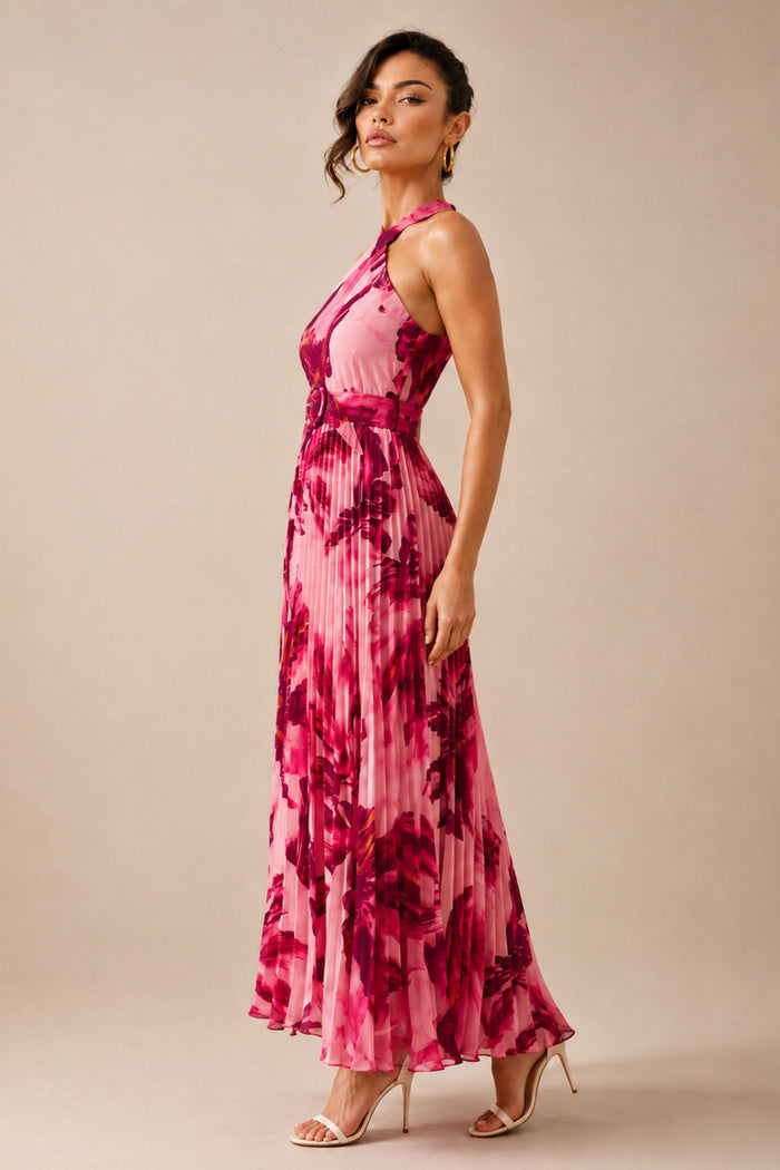 Paige Pleat Dress in Floral Pink Print