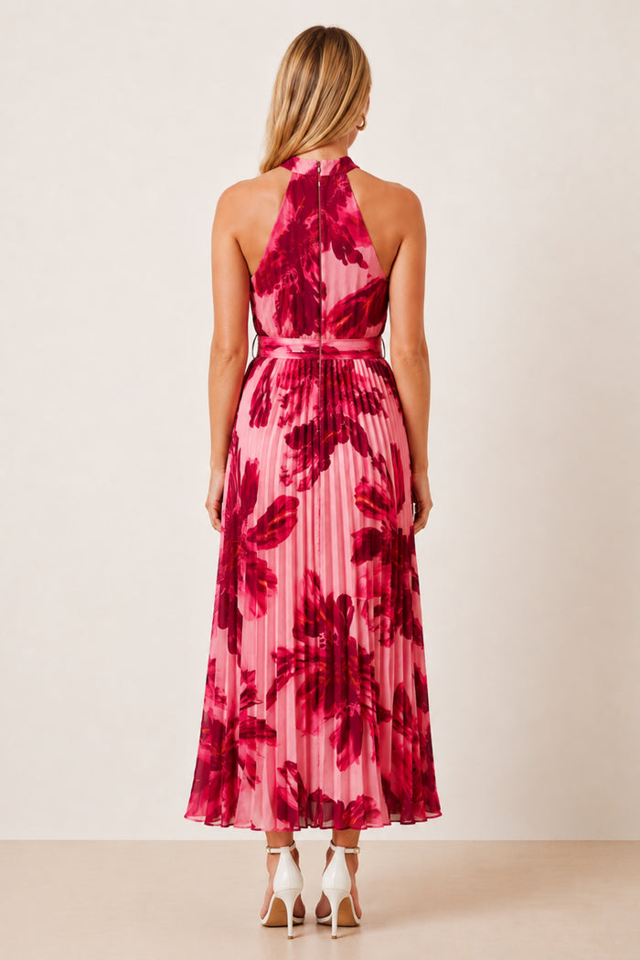 Paige Pleat Dress in Floral Pink Print