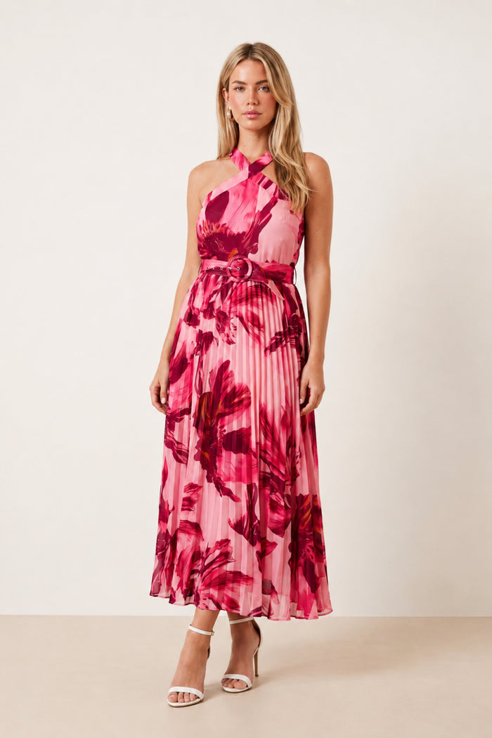 Paige Pleat Dress in Floral Pink Print