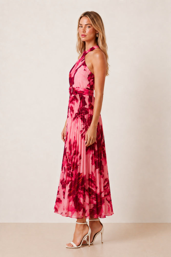 Paige Pleat Dress in Floral Pink Print