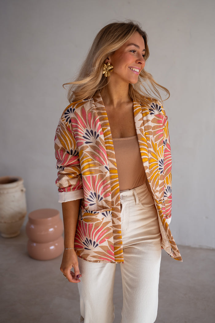 Patterned Mirabelle open-front jacket in fan-floral print, front view