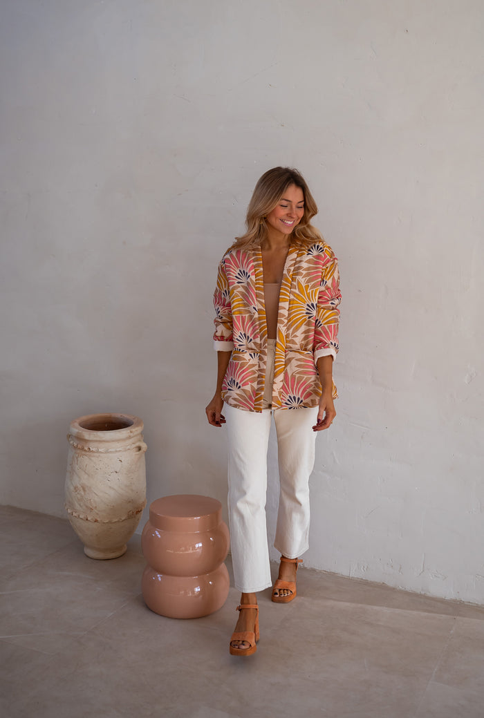 Multicolor floral open-front jacket, side view