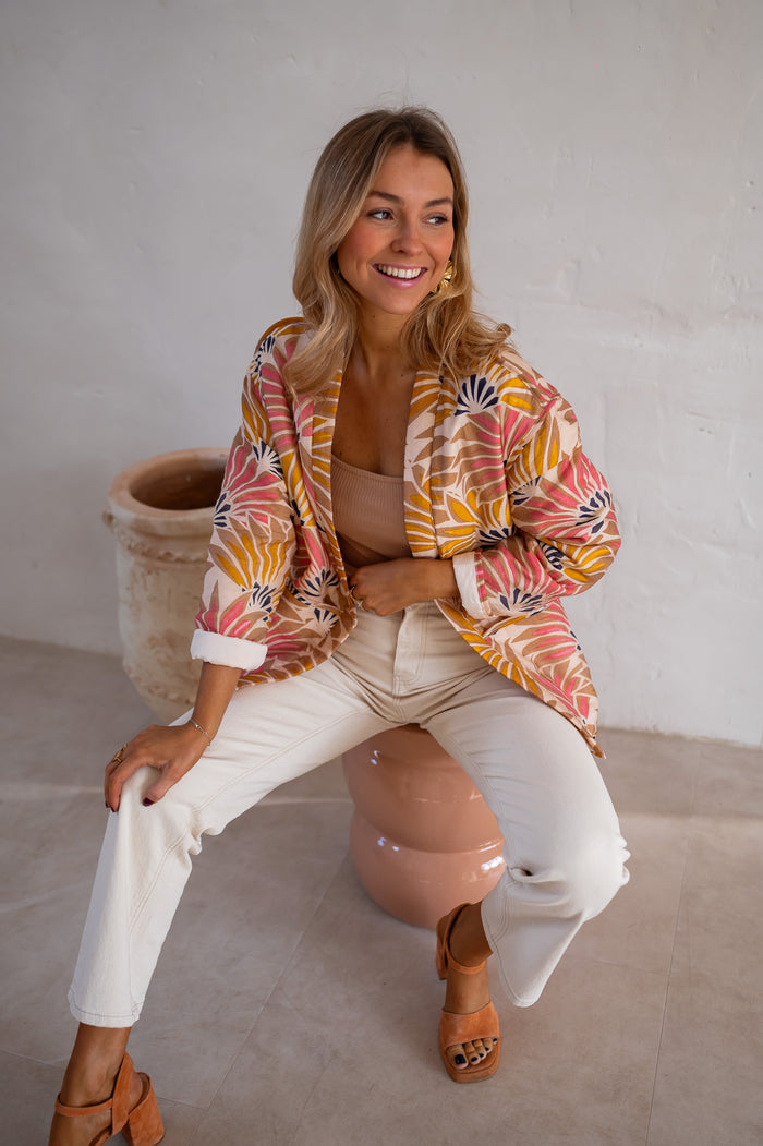 Bold fan-floral jacket full length styling