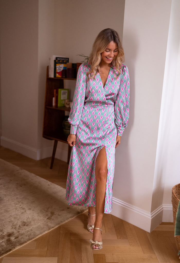 Patterned Siam green and pink geometric wrap maxi dress, front view